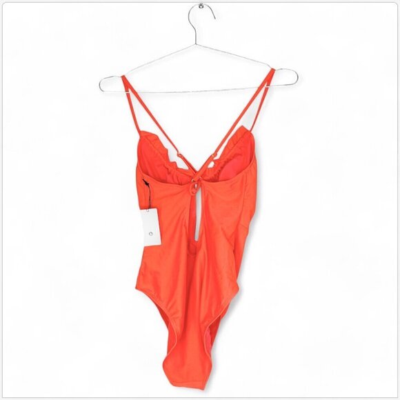 Shade & Shore Orange Red Cutout Front Detail Ruffle One Piece Swimsuit NWT NEW M - Picture 4 of 5